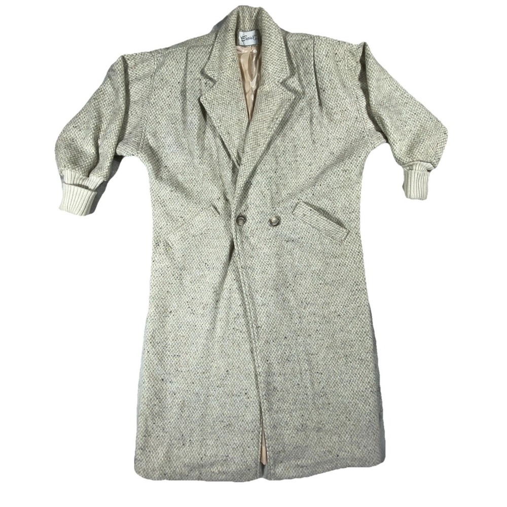 Vintage Saril Overcoat Womens XL Beige Tweed Ribbed Knit‎ Cuffs Notch Lapel USA